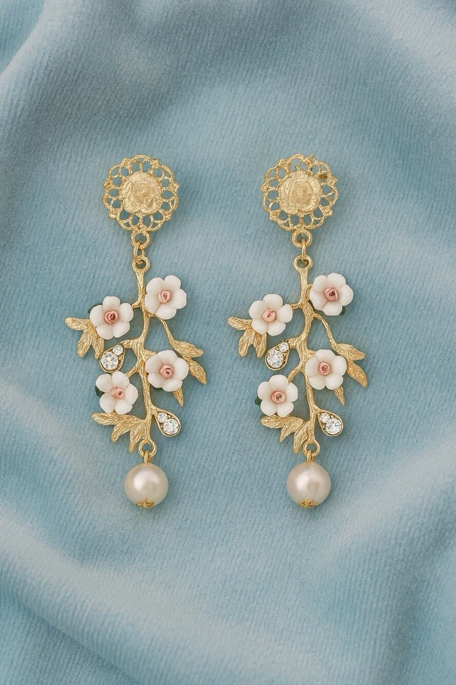 Flower Pearl Earrings Museum Floral Zara Gold White Leaf Garland CZ Floral Y2K